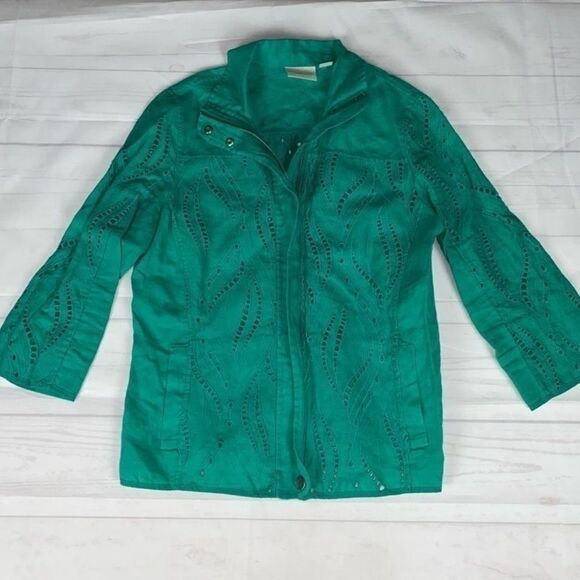 Chico's Jade Green Linen Eyelet Zip Up Jacket Size 0 - Picture 2 of 9
